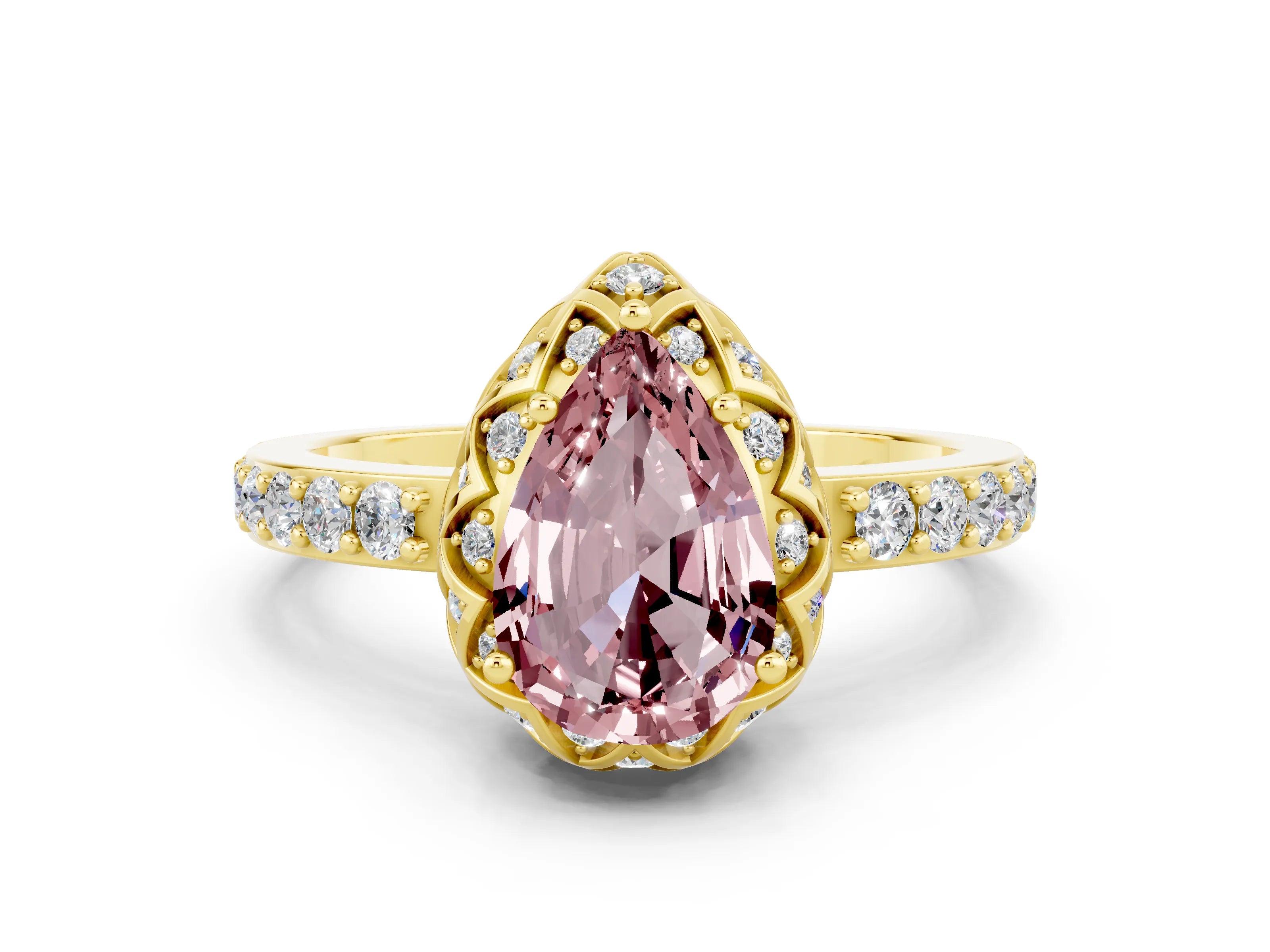 Yellow gold Pear Cut Diamond Solitaire Ring with Shared Prong Pavé Band