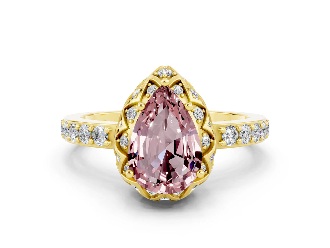 Yellow gold Pear Cut Diamond Solitaire Ring with Shared Prong Pavé Band