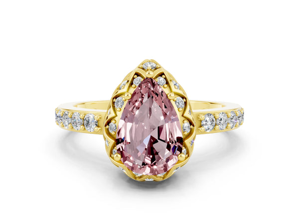 Yellow gold Pear Cut Diamond Solitaire Ring with Shared Prong Pavé Band