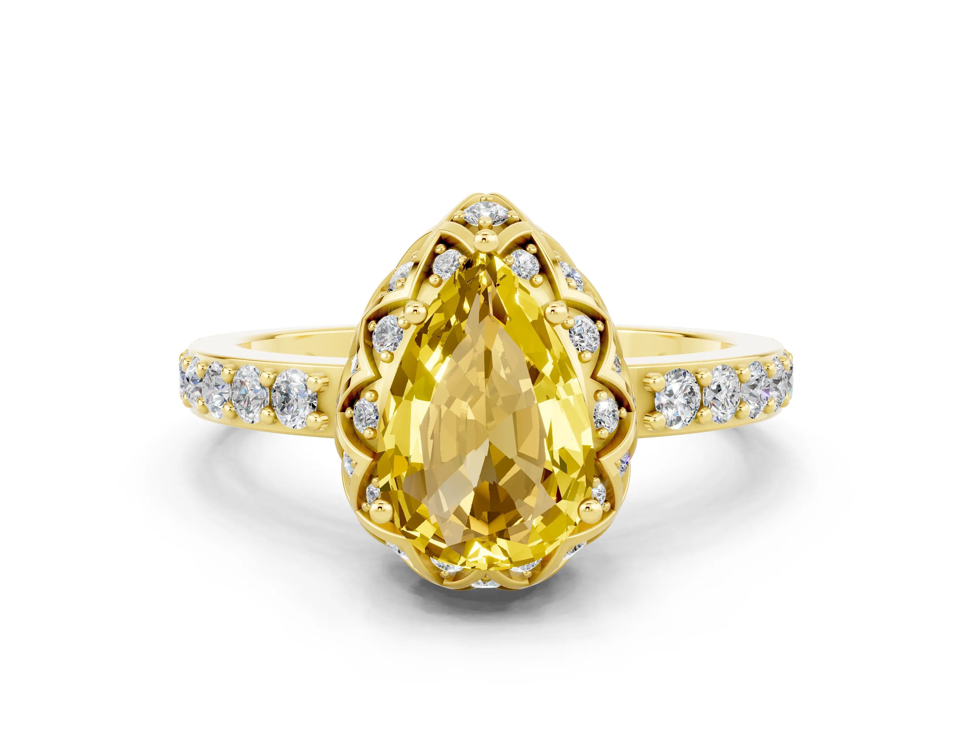 Yellow gold Pear Cut Diamond Solitaire Ring with Shared Prong Pavé Band