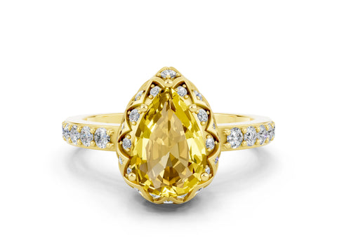 Yellow gold Pear Cut Diamond Solitaire Ring with Shared Prong Pavé Band