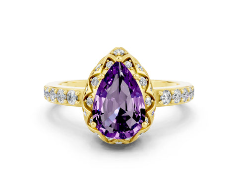 Yellow gold Pear Cut Diamond Solitaire Ring with Shared Prong Pavé Band