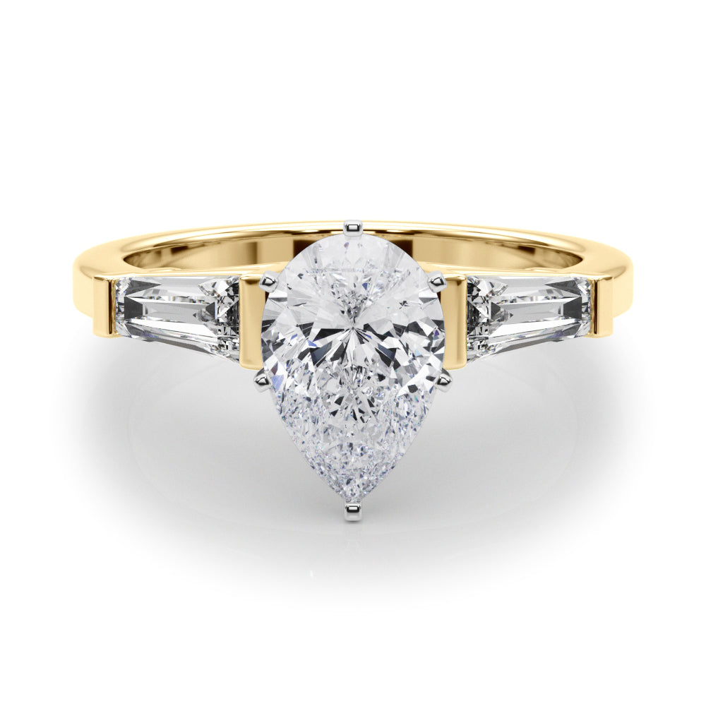 Yellow gold Pear Cut Diamond Solitaire Ring with Tapered Baguette Accents and Six-Prong Setting 1