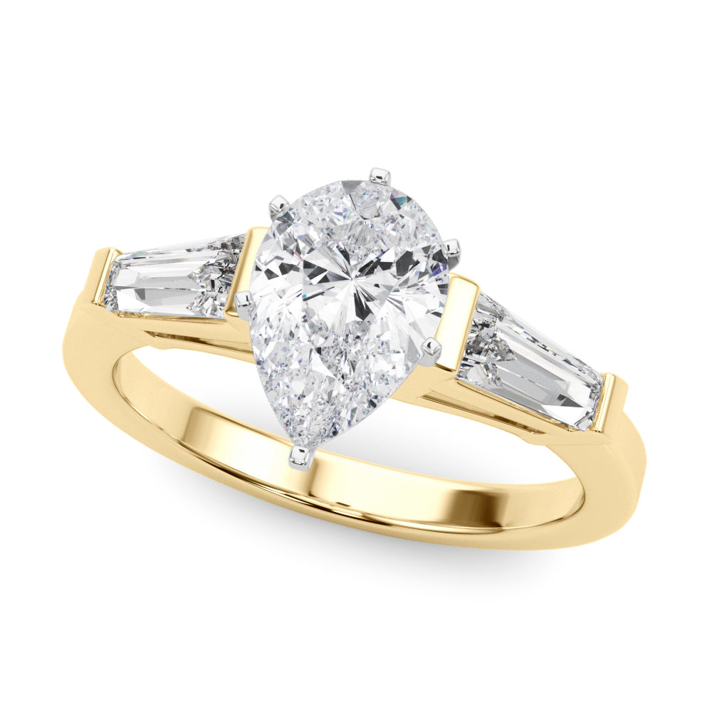 Yellow gold Pear Cut Diamond Solitaire Ring with Tapered Baguette Accents and Six-Prong Setting