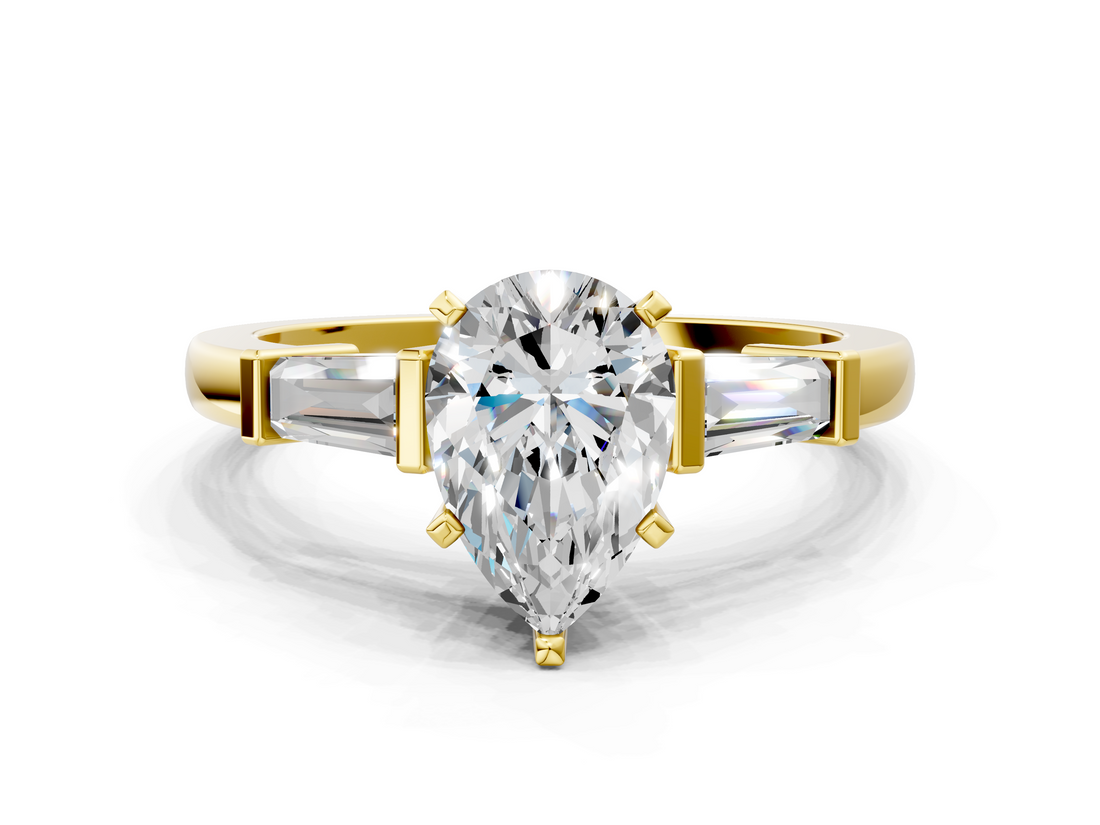 Yellow gold Pear Cut Diamond Solitaire Ring with Tapered Baguette Accents and Six-Prong Setting_74