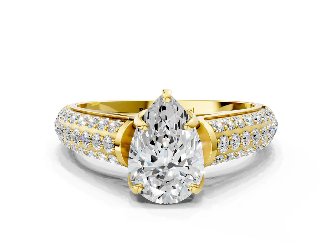 Yellow gold Pear Cut Diamond Solitaire Ring with Three-Row Pavé Band and Four-Prong Setting_49