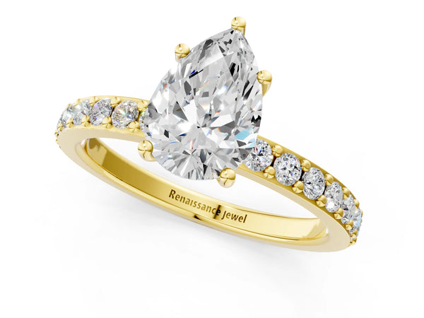 Yellow gold Pear Cut Diamond Solitaire with Pave Band and Four-Prong Setting