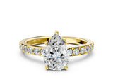 Yellow gold Pear Cut Diamond Solitaire with Pave Band and Four-Prong Setting