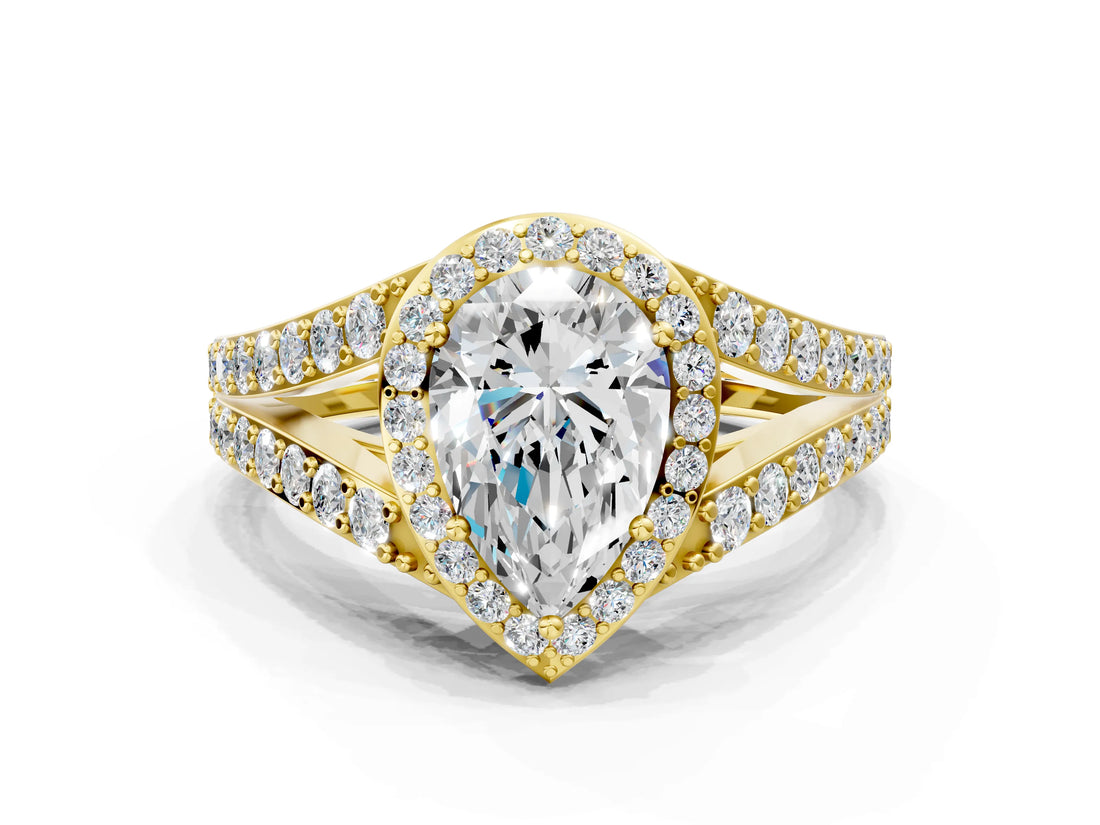 Yellow gold Pear Cut Diamond Split Shank Halo Ring with Four-Prong Setting_69