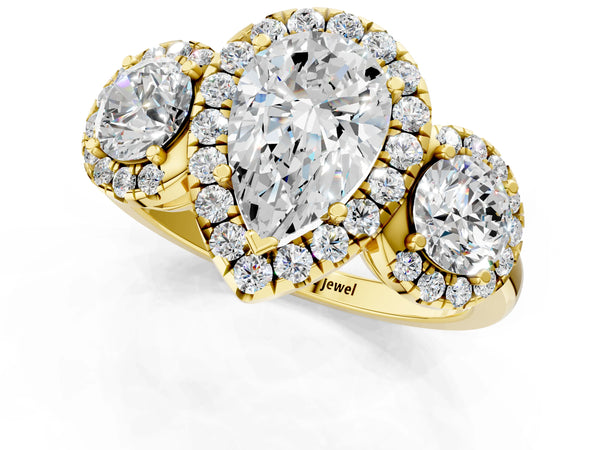 Yellow gold Pear Cut Diamond Three-Stone Halo Ring with Prong Setting and Pavé Accents