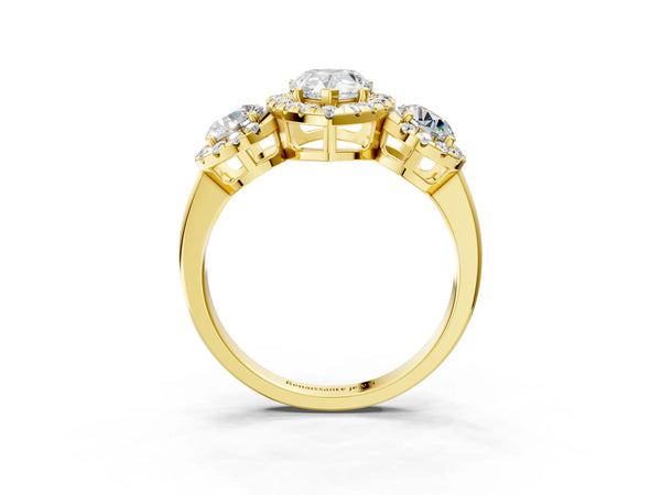 Yellow gold Pear Cut Diamond Three-Stone Halo Ring with Prong Setting and Pavé Accents