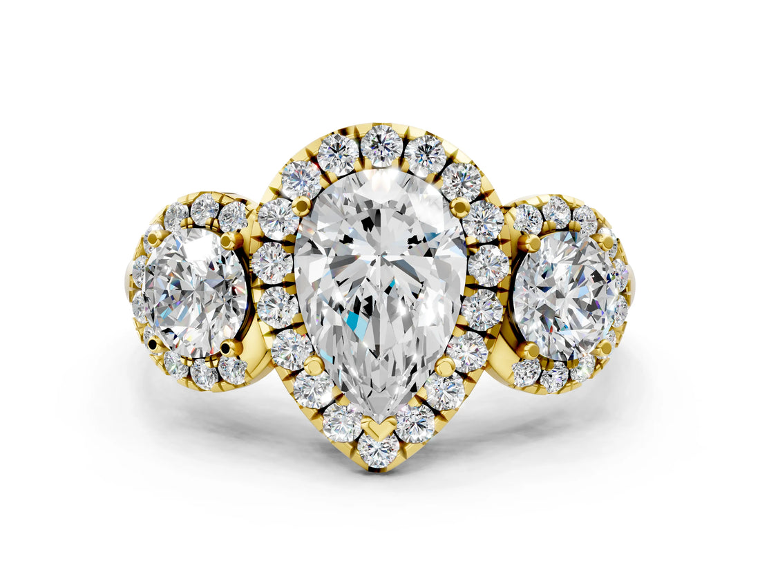 Yellow gold Pear Cut Diamond Three-Stone Halo Ring with Prong Setting and Pavé Accents_9