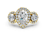 Yellow gold Pear Cut Diamond Three-Stone Halo Ring with Prong Setting and Pavé Accents_9