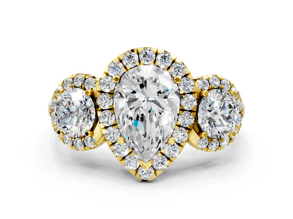 Yellow gold Pear Cut Diamond Three-Stone Halo Ring with Prong Setting and Pavé Accents