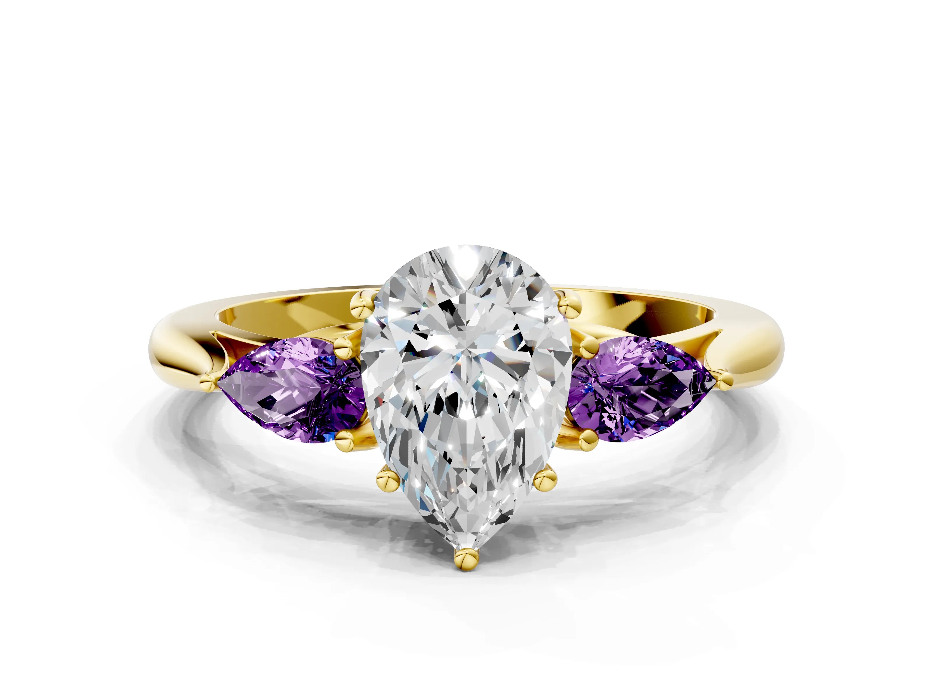 Yellow gold Pear Cut Diamond Three-Stone Ring with Pear with Amethyst side stone Side Stones and Prong Setting