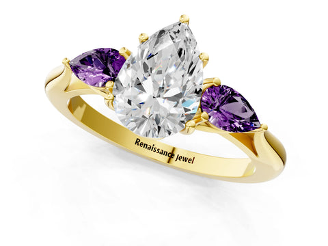 Yellow gold Pear Cut Diamond Three-Stone Ring with Pear with Amethyst side stone Side Stones and Prong Setting_1