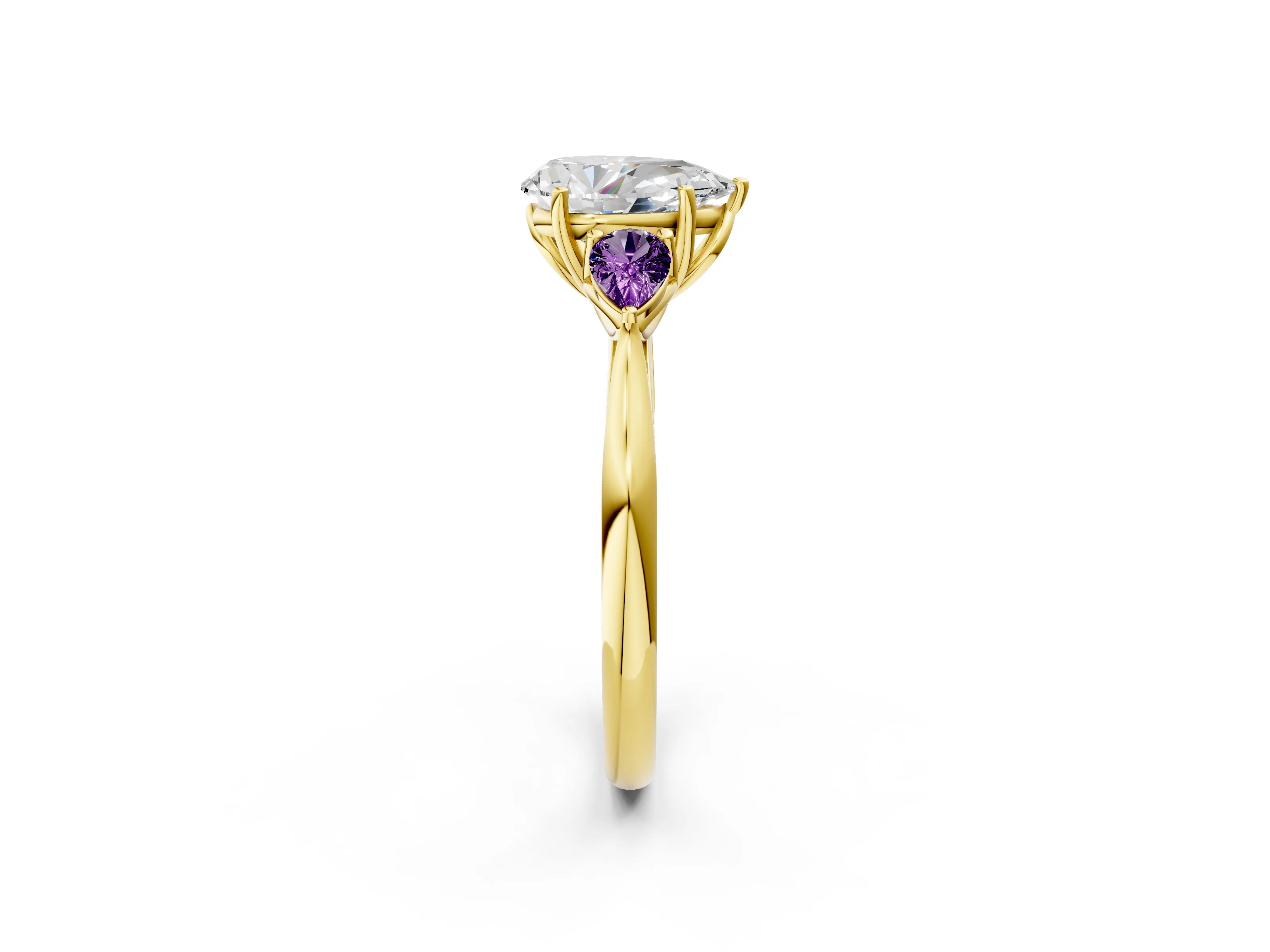 Yellow gold Pear Cut Diamond Three-Stone Ring with Pear with Amethyst side stone Side Stones and Prong Setting_2
