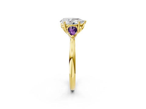 Yellow gold Pear Cut Diamond Three-Stone Ring with Pear with Amethyst side stone Side Stones and Prong Setting_2