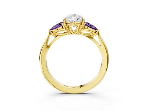 Yellow gold Pear Cut Diamond Three-Stone Ring with Pear with Amethyst side stone Side Stones and Prong Setting_3