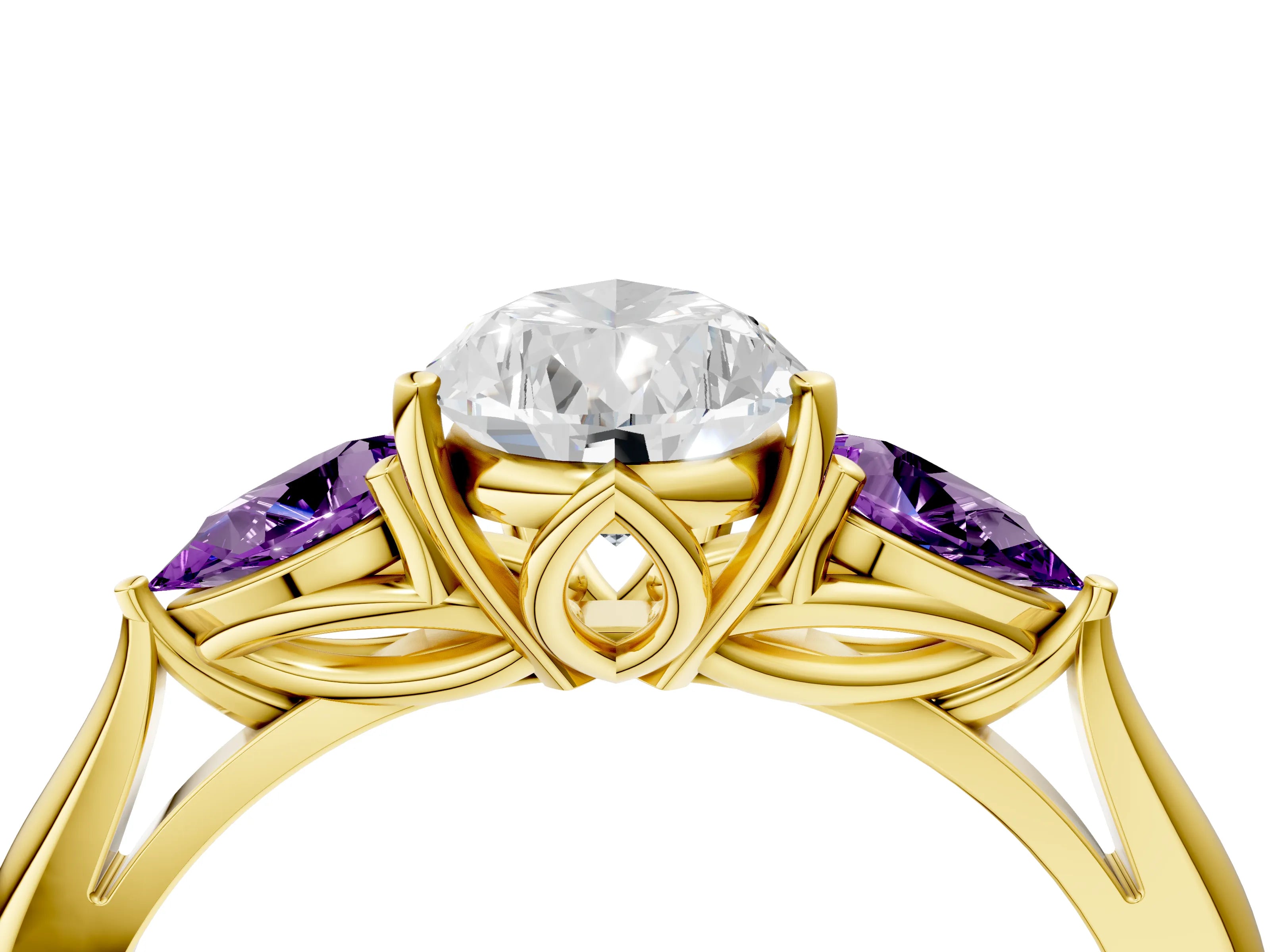 Yellow gold Pear Cut Diamond Three-Stone Ring with Pear with Amethyst side stone Side Stones and Prong Setting_4