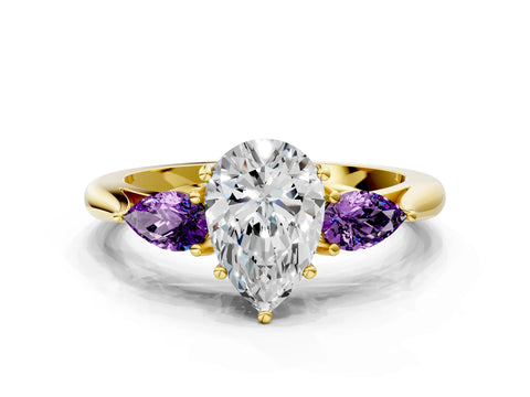 Yellow gold Pear Cut Diamond Three-Stone Ring with Pear with Amethyst side stone Side Stones and Prong Setting