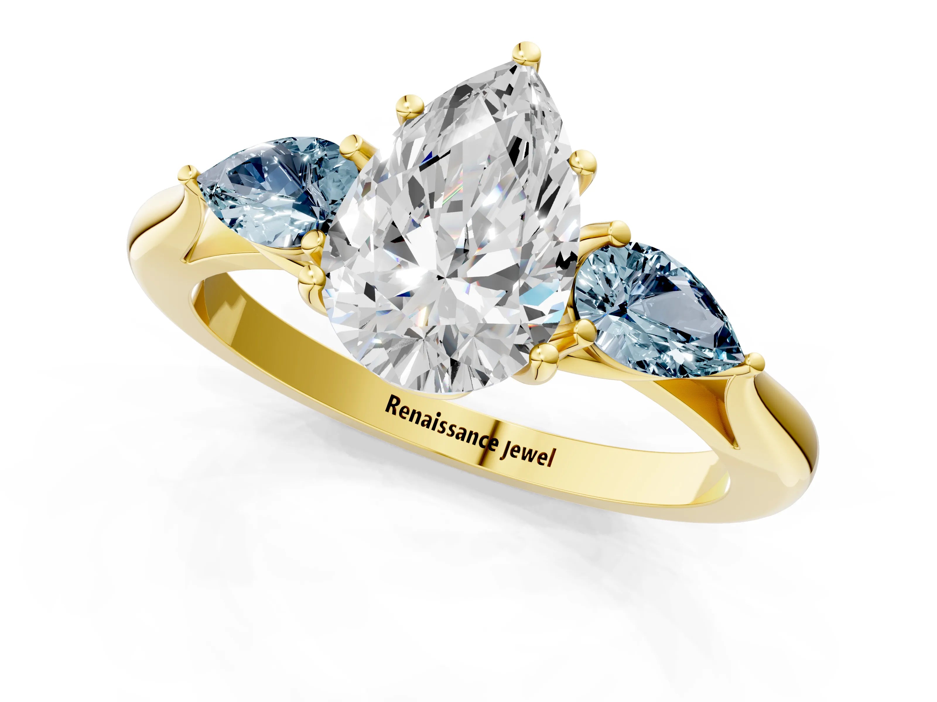 Yellow gold Pear Cut Diamond Three-Stone Ring with Pear with Aquamarine side stone Side Stones and Prong Setting_1