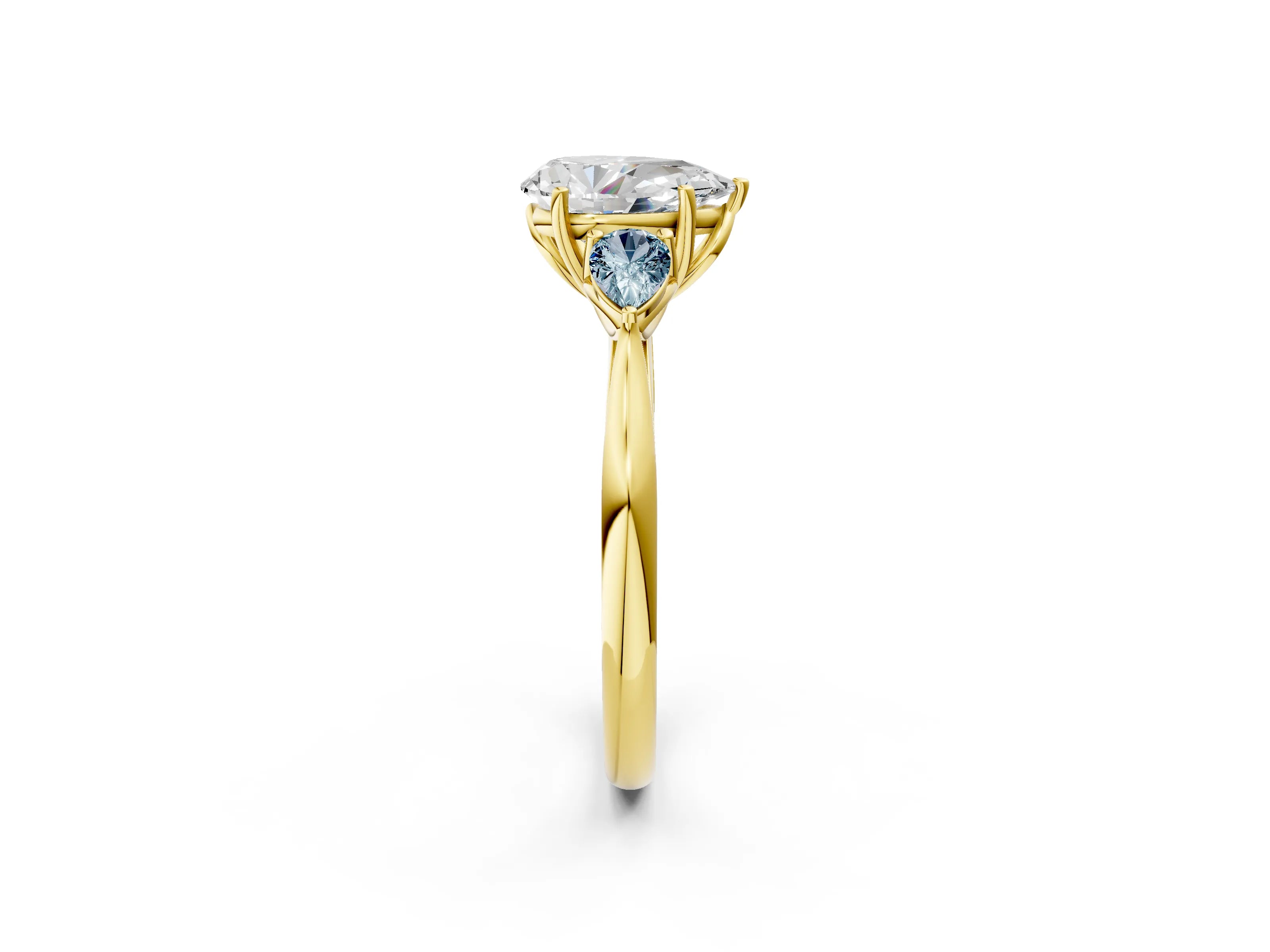 Yellow gold Pear Cut Diamond Three-Stone Ring with Pear with Aquamarine side stone Side Stones and Prong Setting_2