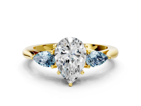 Yellow gold Pear Cut Diamond Three-Stone Ring with Pear with Aquamarine side stone Side Stones and Prong Setting