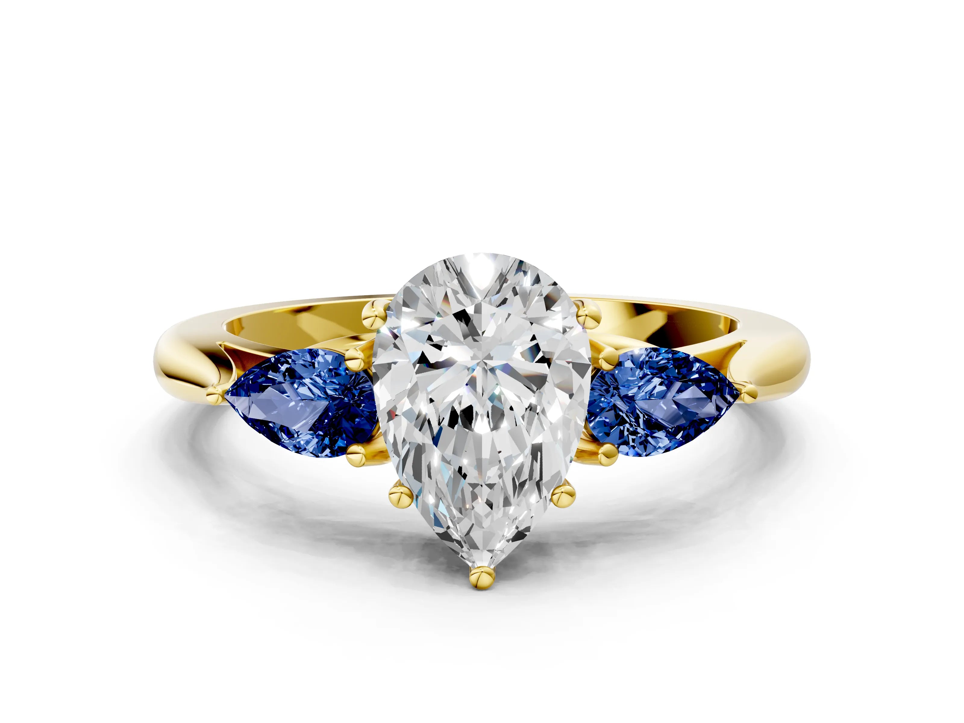 Yellow gold Pear Cut Diamond Three-Stone Ring with Pear with Blue Sapphire side stone Side Stones and Prong Setting