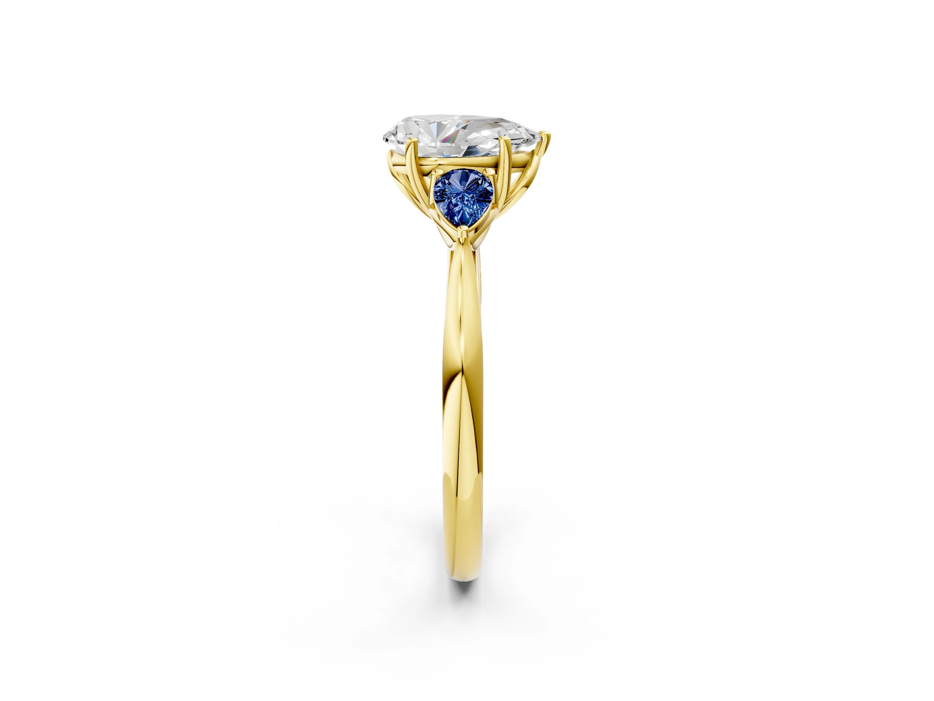 Yellow gold Pear Cut Diamond Three-Stone Ring with Pear with Blue Sapphire side stone Side Stones and Prong Setting_2