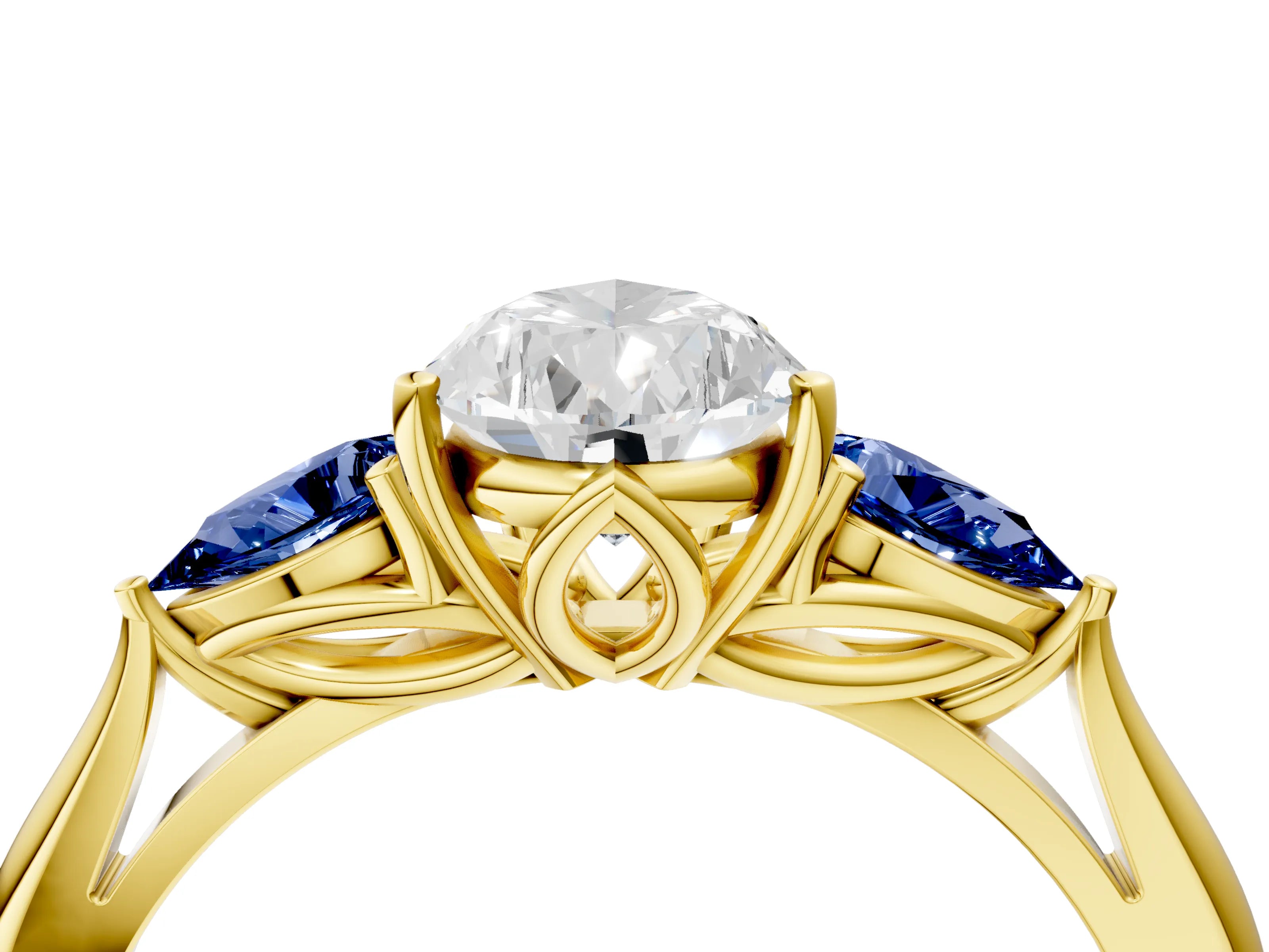 Yellow gold Pear Cut Diamond Three-Stone Ring with Pear with Blue Sapphire side stone Side Stones and Prong Setting_4