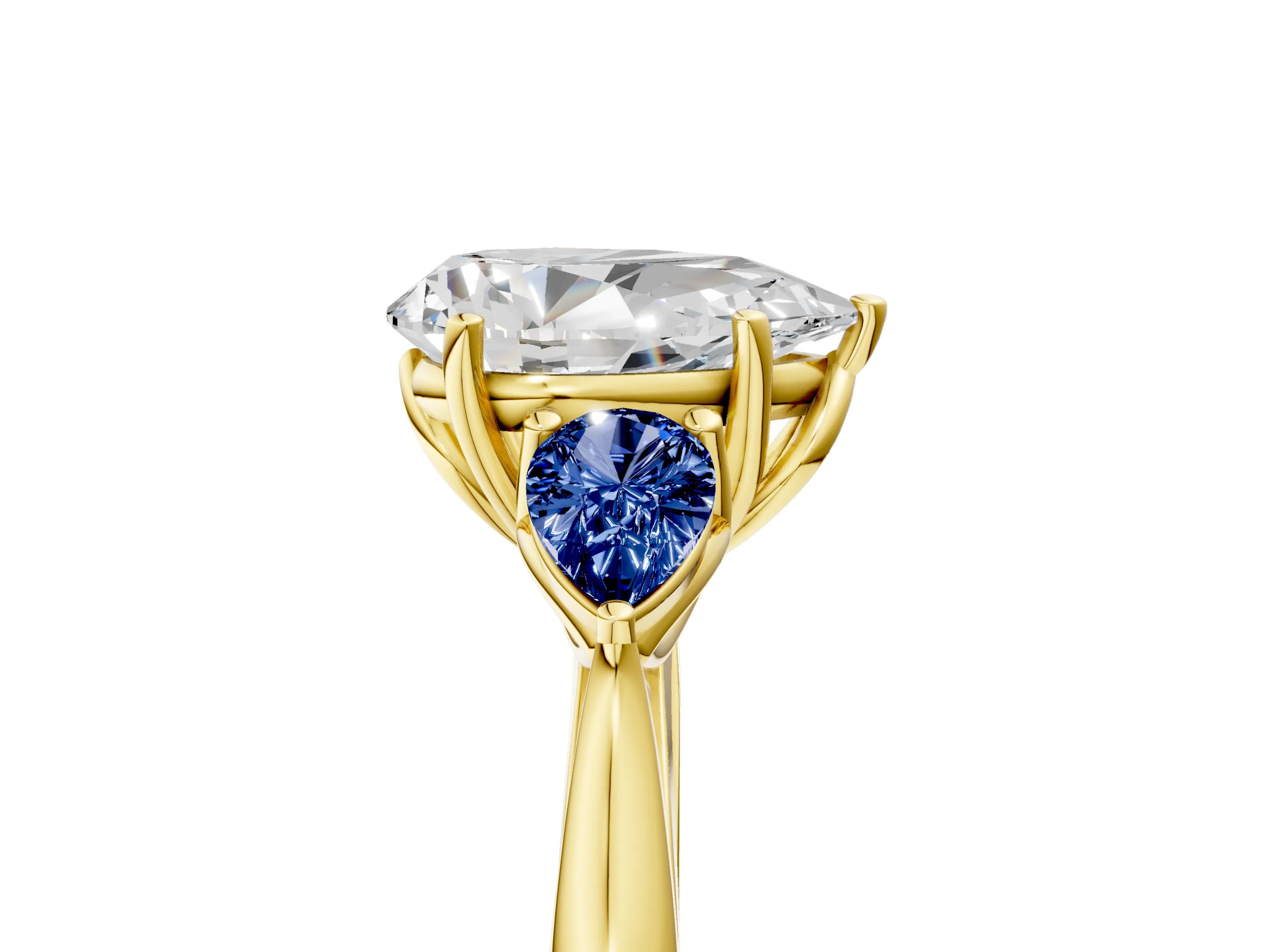 Yellow gold Pear Cut Diamond Three-Stone Ring with Pear with Blue Sapphire side stone Side Stones and Prong Setting_5