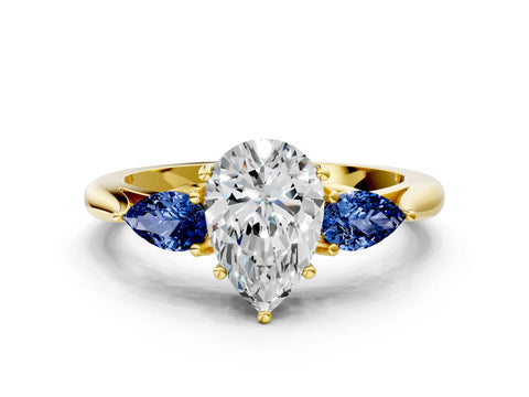 Yellow gold Pear Cut Diamond Three-Stone Ring with Pear with Blue Sapphire side stone Side Stones and Prong Setting