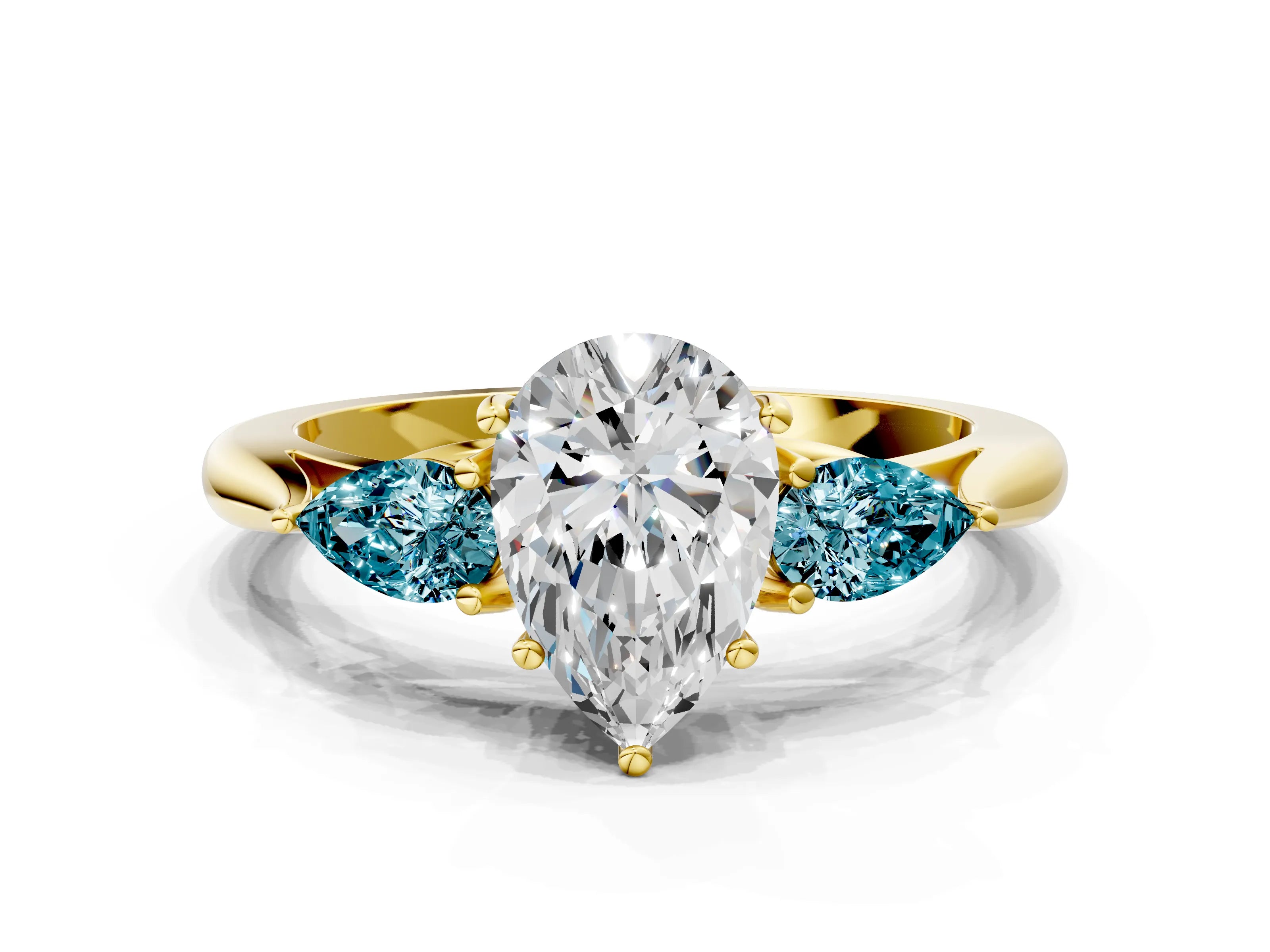 Yellow gold Pear Cut Diamond Three-Stone Ring with Pear with Blue Topaz side stone Side Stones and Prong Setting