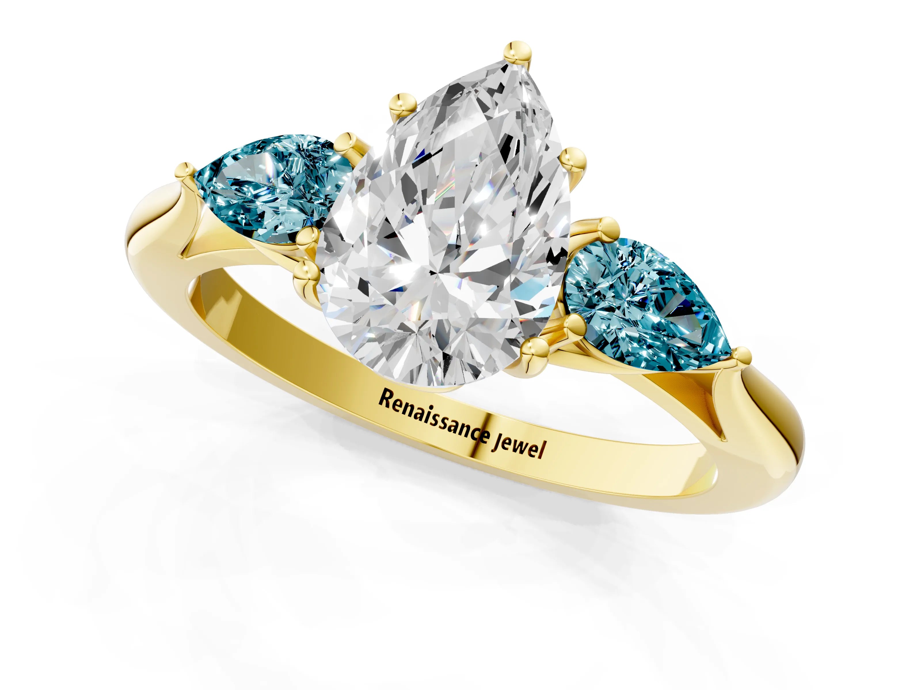 Yellow gold Pear Cut Diamond Three-Stone Ring with Pear with Blue Topaz side stone Side Stones and Prong Setting_1