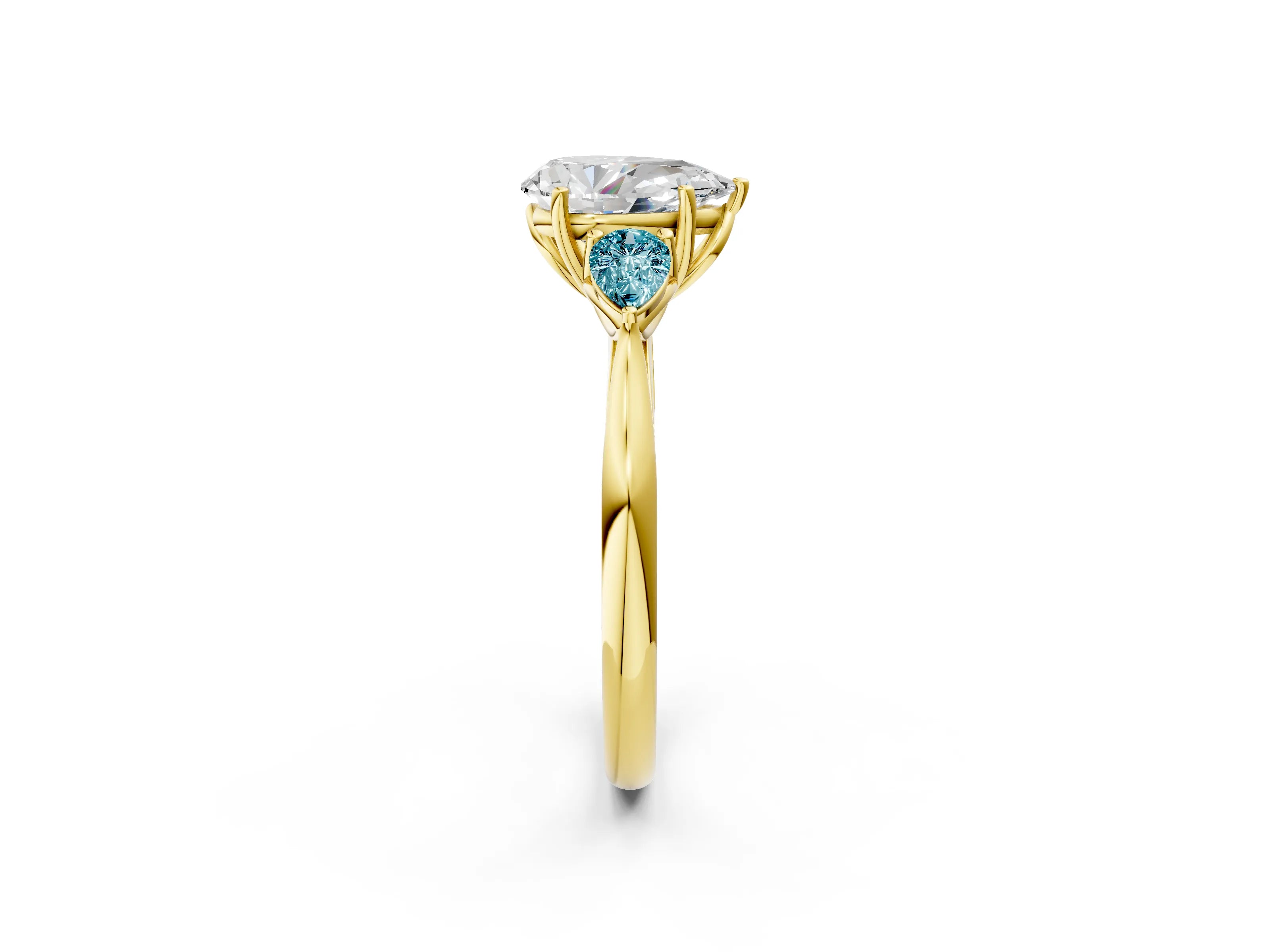 Yellow gold Pear Cut Diamond Three-Stone Ring with Pear with Blue Topaz side stone Side Stones and Prong Setting_2
