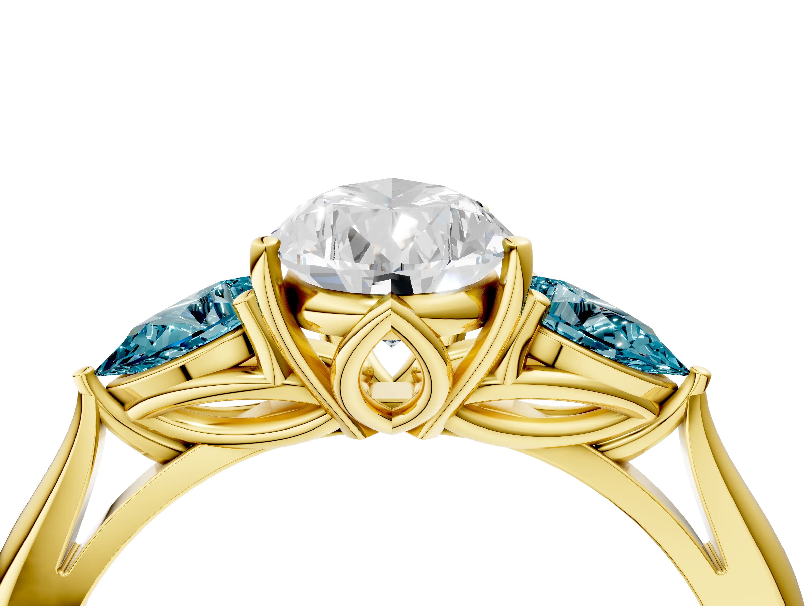 Yellow gold Pear Cut Diamond Three-Stone Ring with Pear with Blue Topaz side stone Side Stones and Prong Setting_4