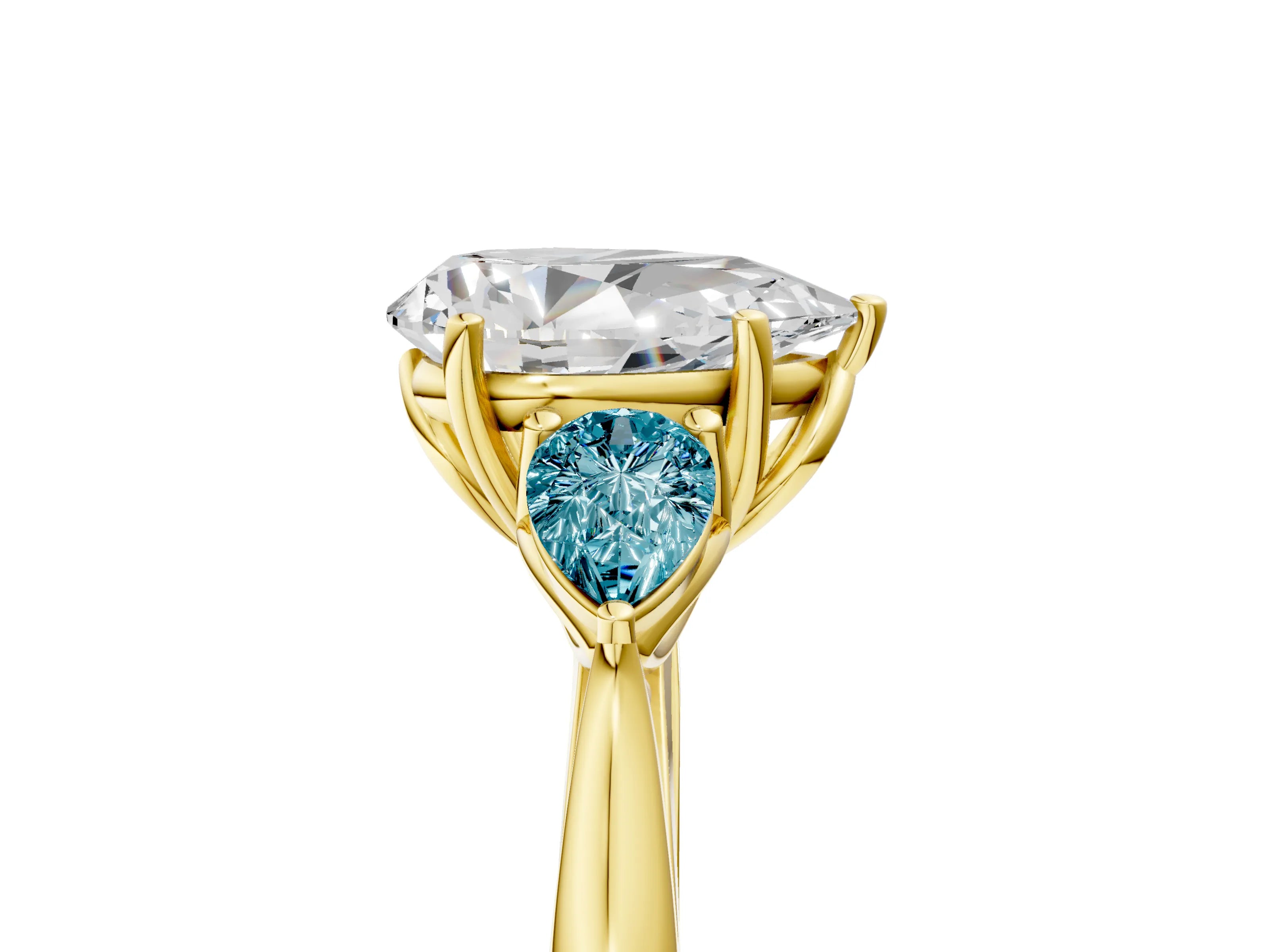 Yellow gold Pear Cut Diamond Three-Stone Ring with Pear with Blue Topaz side stone Side Stones and Prong Setting_5