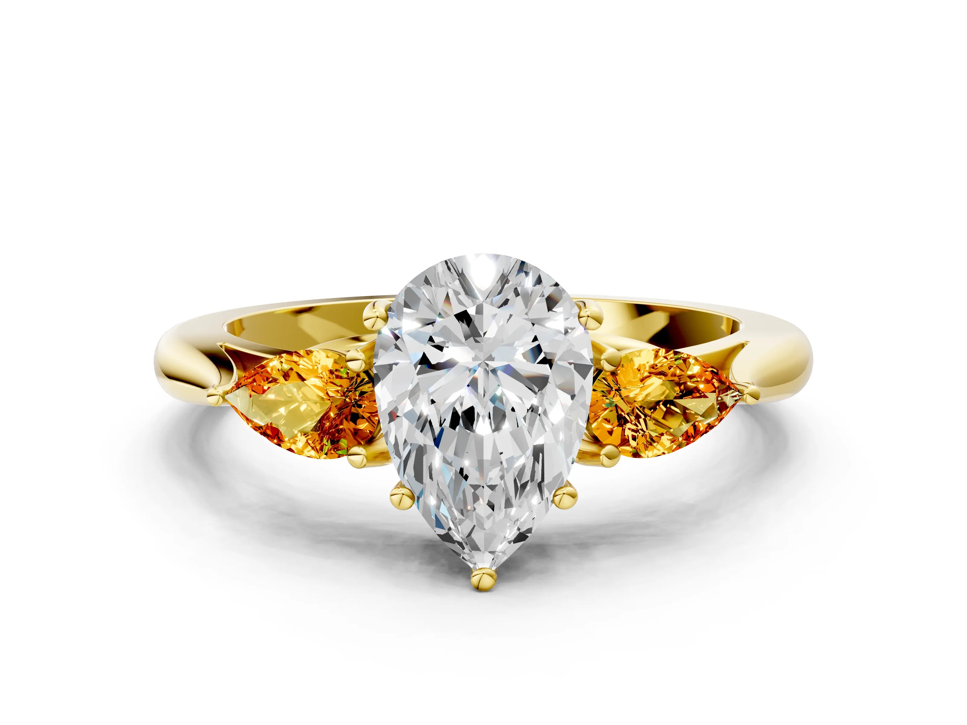 Yellow gold Pear Cut Diamond Three-Stone Ring with Pear with Citrine side stone Side Stones and Prong Setting