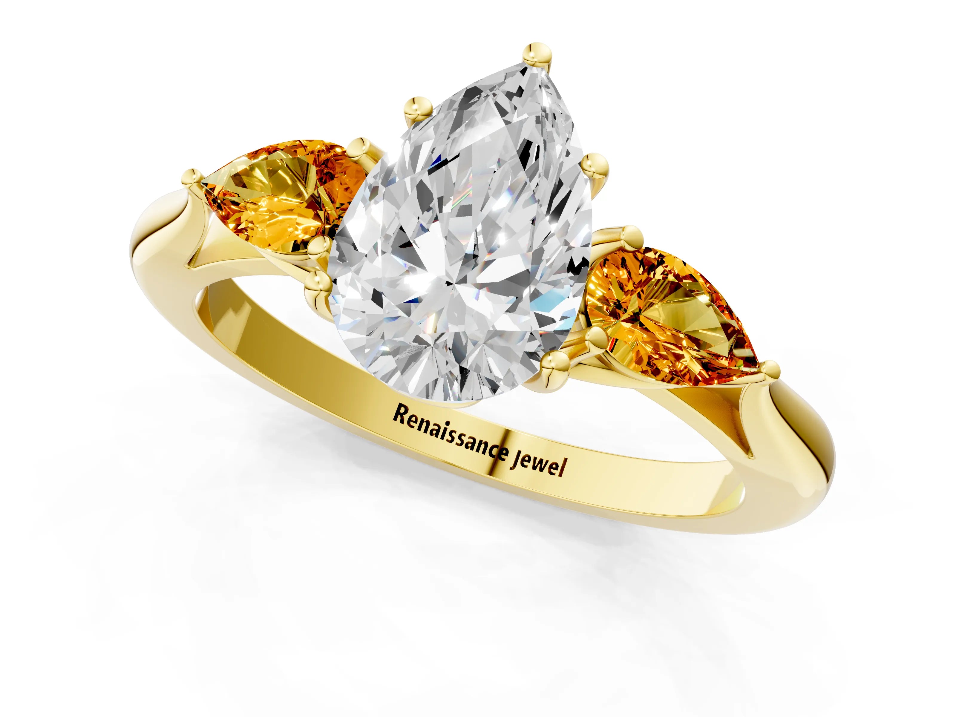 Yellow gold Pear Cut Diamond Three-Stone Ring with Pear with Citrine side stone Side Stones and Prong Setting_1