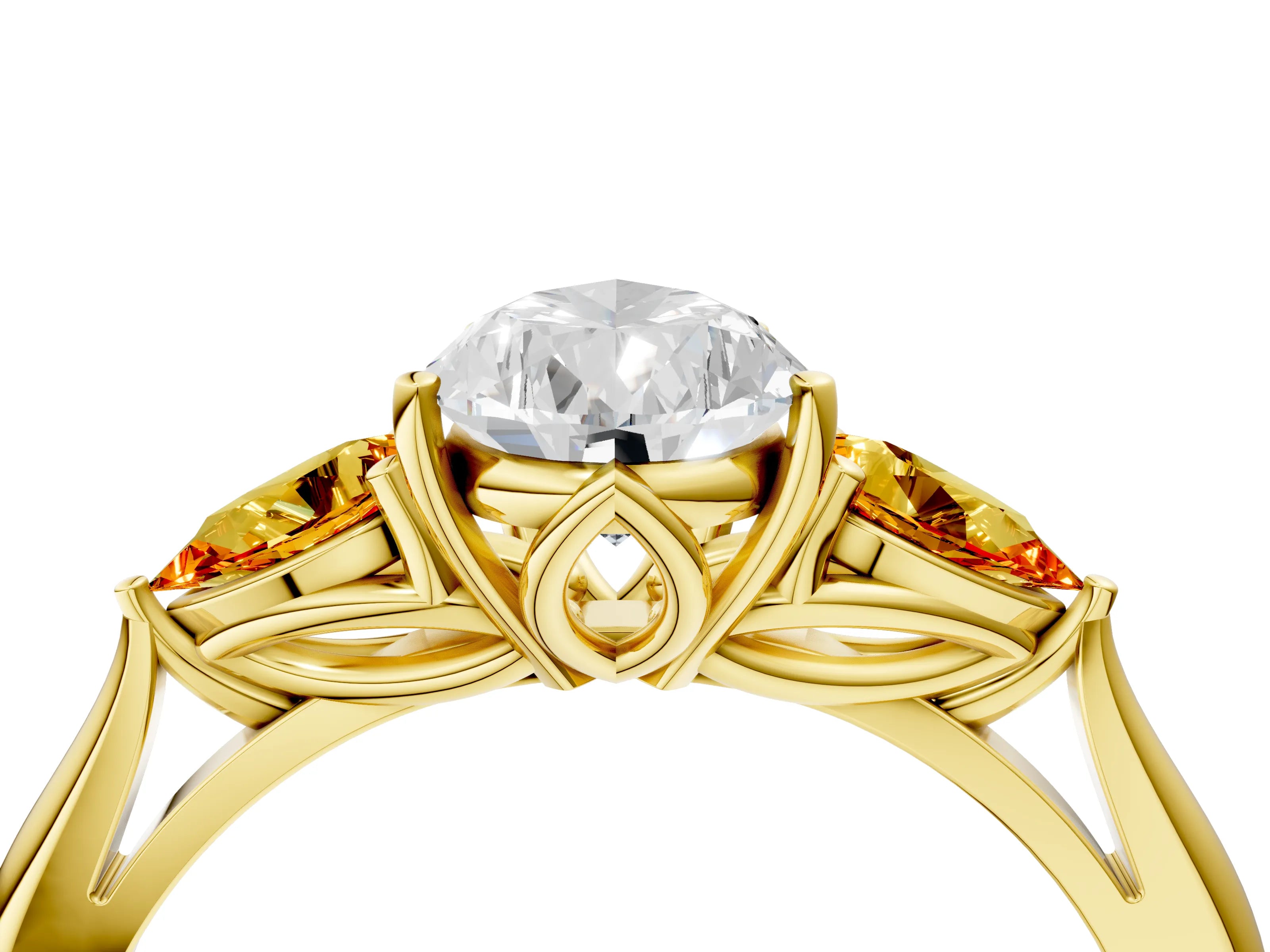 Yellow gold Pear Cut Diamond Three-Stone Ring with Pear with Citrine side stone Side Stones and Prong Setting_4