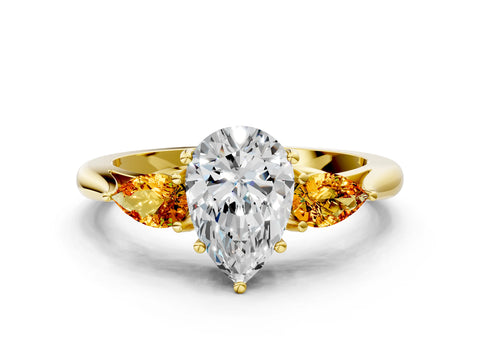 Yellow gold Pear Cut Diamond Three-Stone Ring with Pear with Citrine side stone Side Stones and Prong Setting