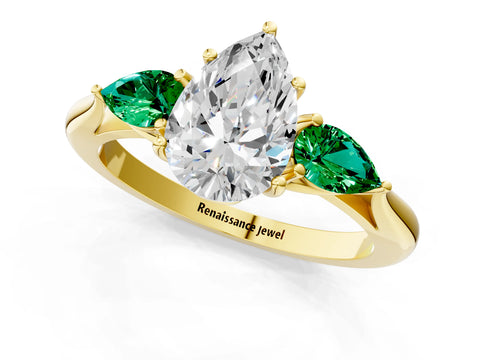 Yellow gold Pear Cut Diamond Three-Stone Ring with Pear with Emerald side stone Side Stones and Prong Setting_1