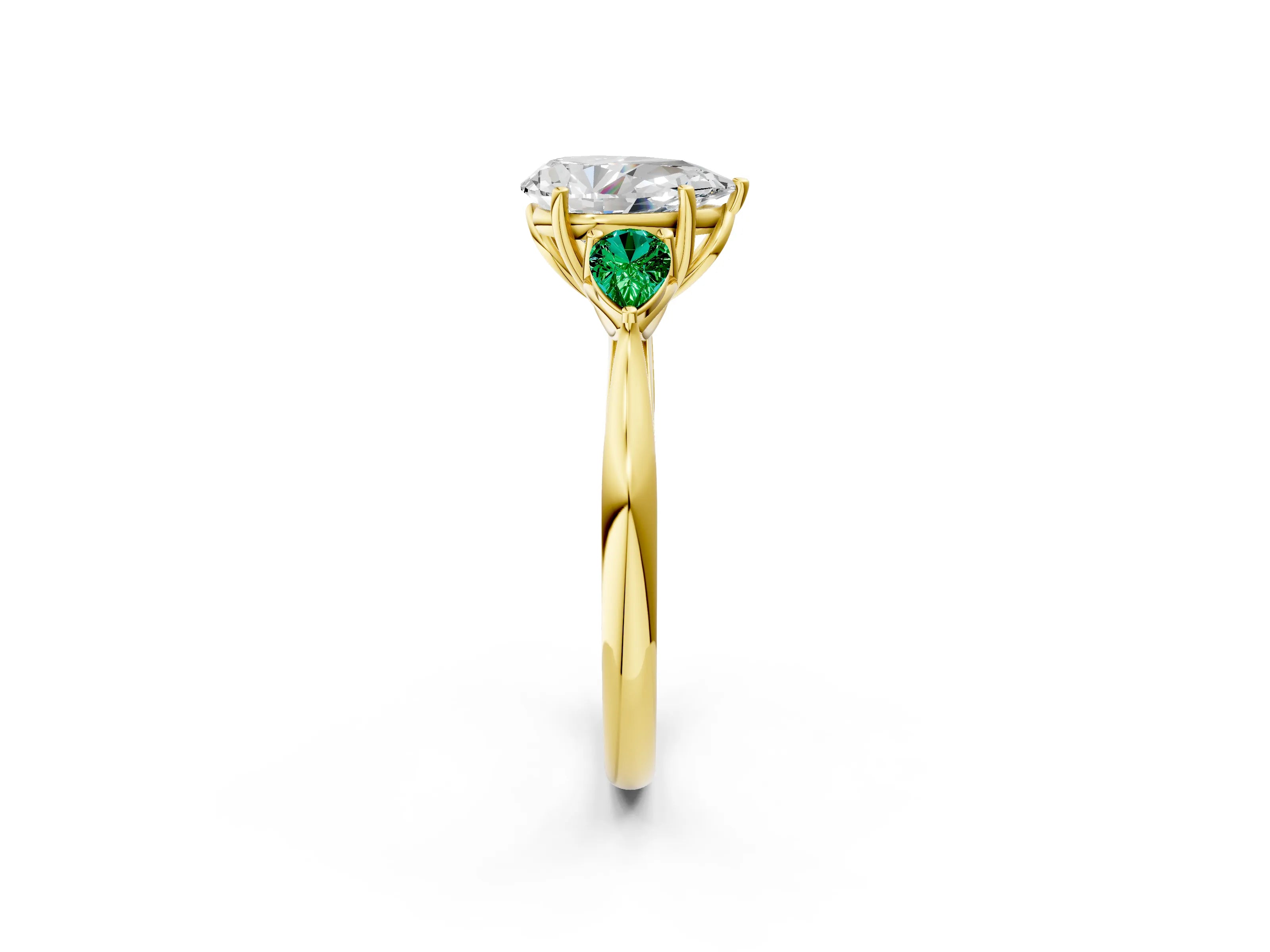Yellow gold Pear Cut Diamond Three-Stone Ring with Pear with Emerald side stone Side Stones and Prong Setting_2