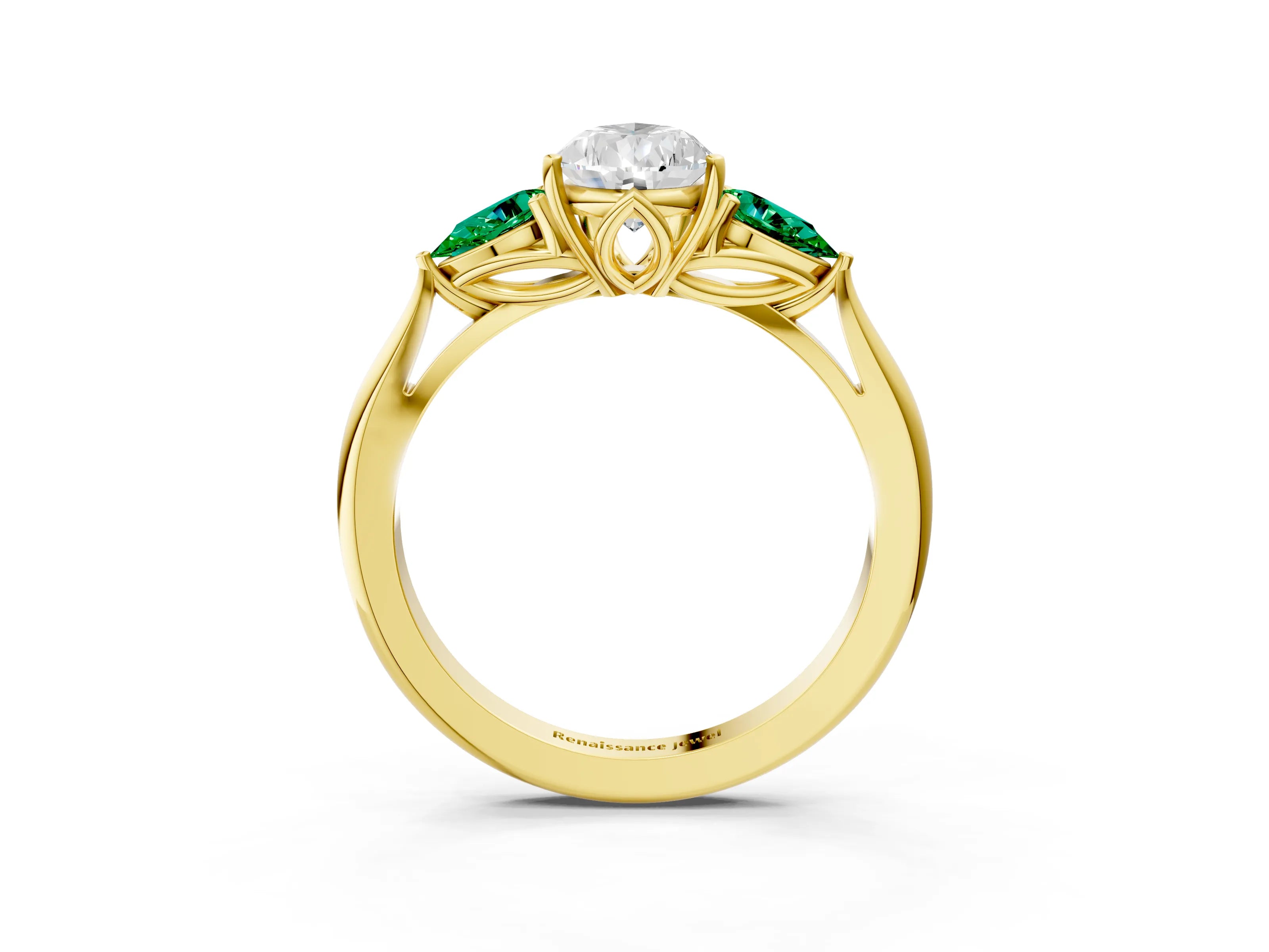 Yellow gold Pear Cut Diamond Three-Stone Ring with Pear with Emerald side stone Side Stones and Prong Setting_3