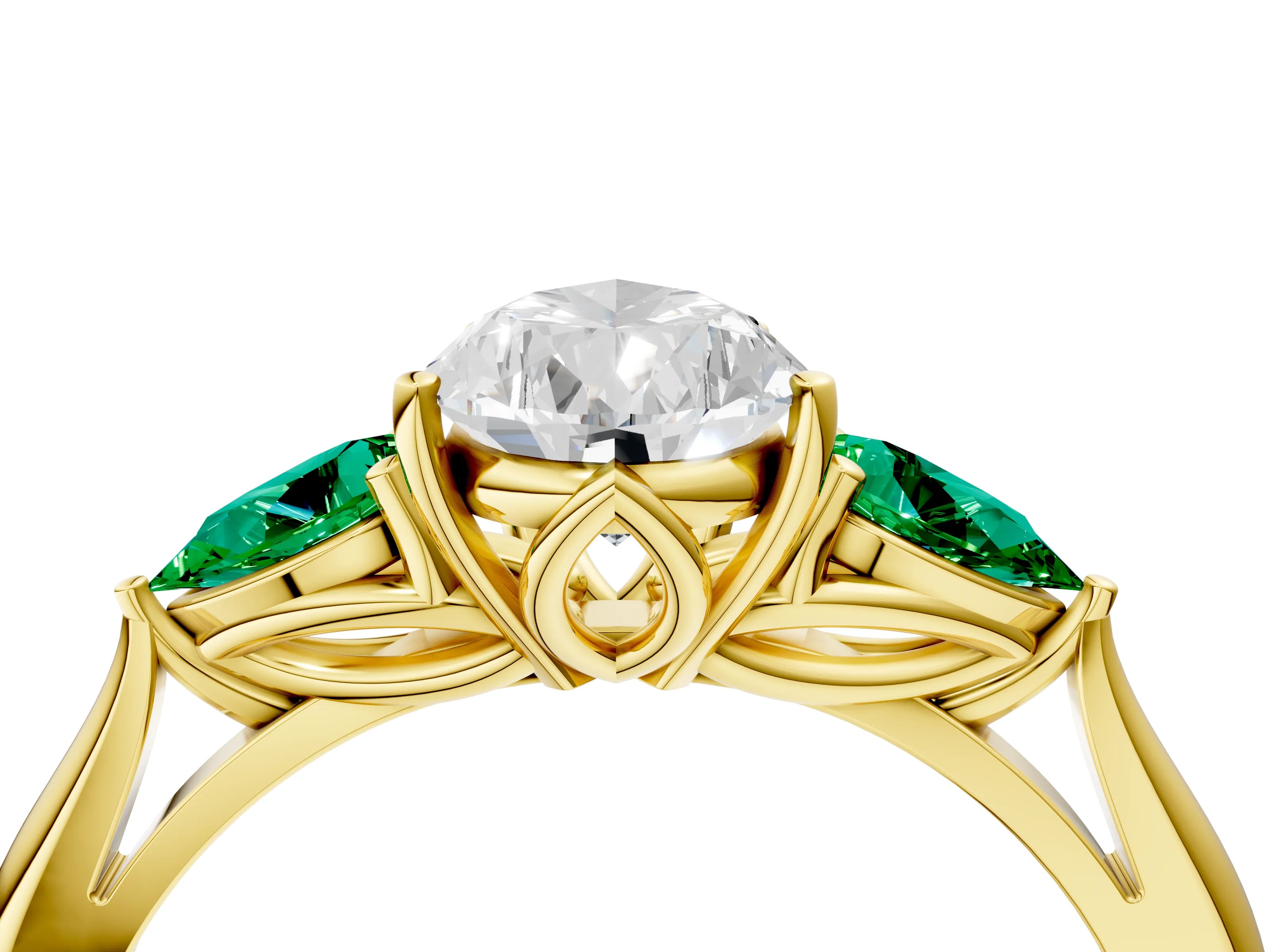 Yellow gold Pear Cut Diamond Three-Stone Ring with Pear with Emerald side stone Side Stones and Prong Setting_4