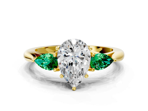 Yellow gold Pear Cut Diamond Three-Stone Ring with Pear with Emerald side stone Side Stones and Prong Setting