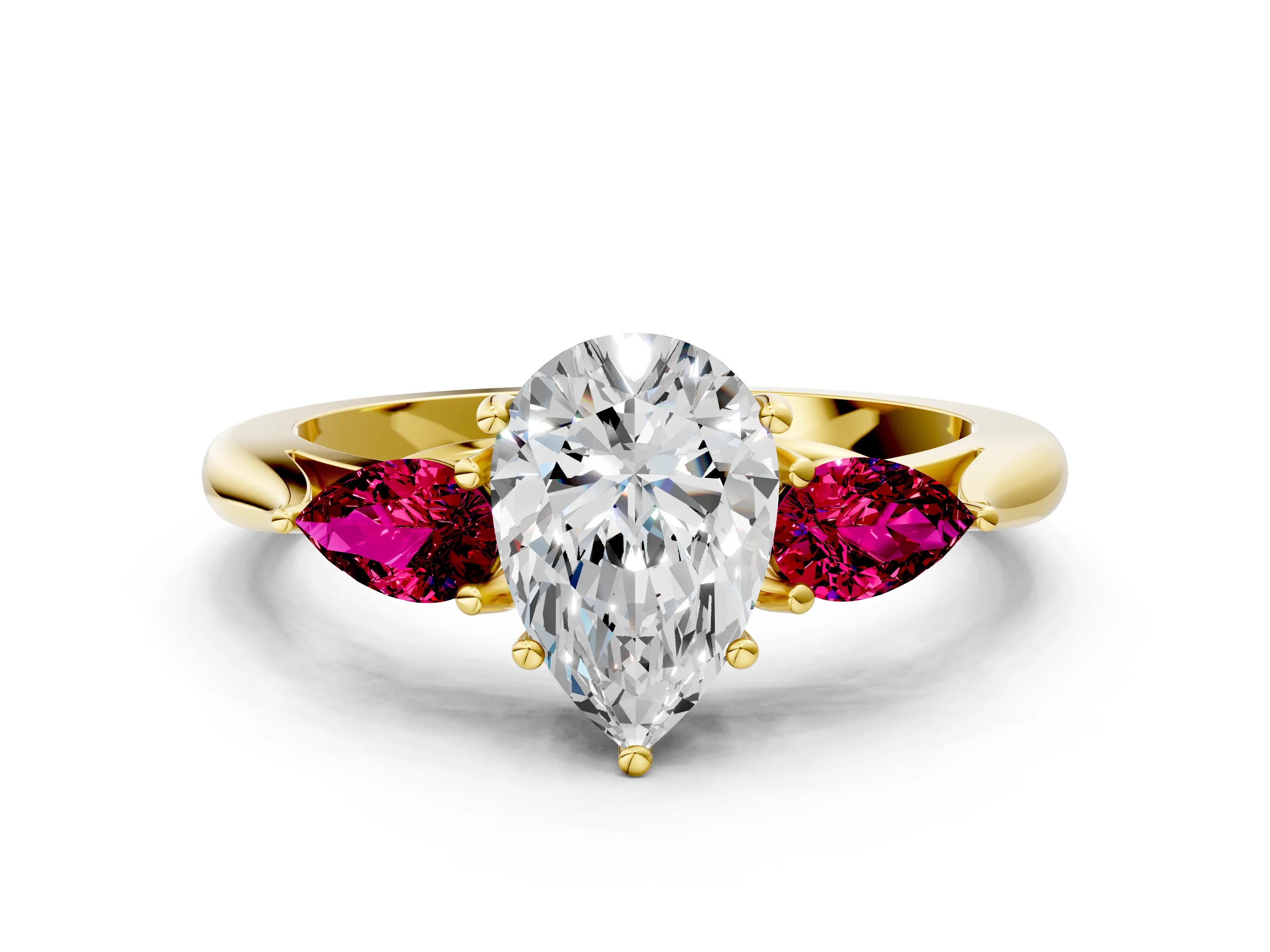Yellow gold Pear Cut Diamond Three-Stone Ring with Pear with Garnet side stone Side Stones and Prong Setting