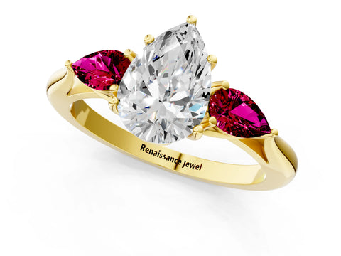 Yellow gold Pear Cut Diamond Three-Stone Ring with Pear with Garnet side stone Side Stones and Prong Setting_1