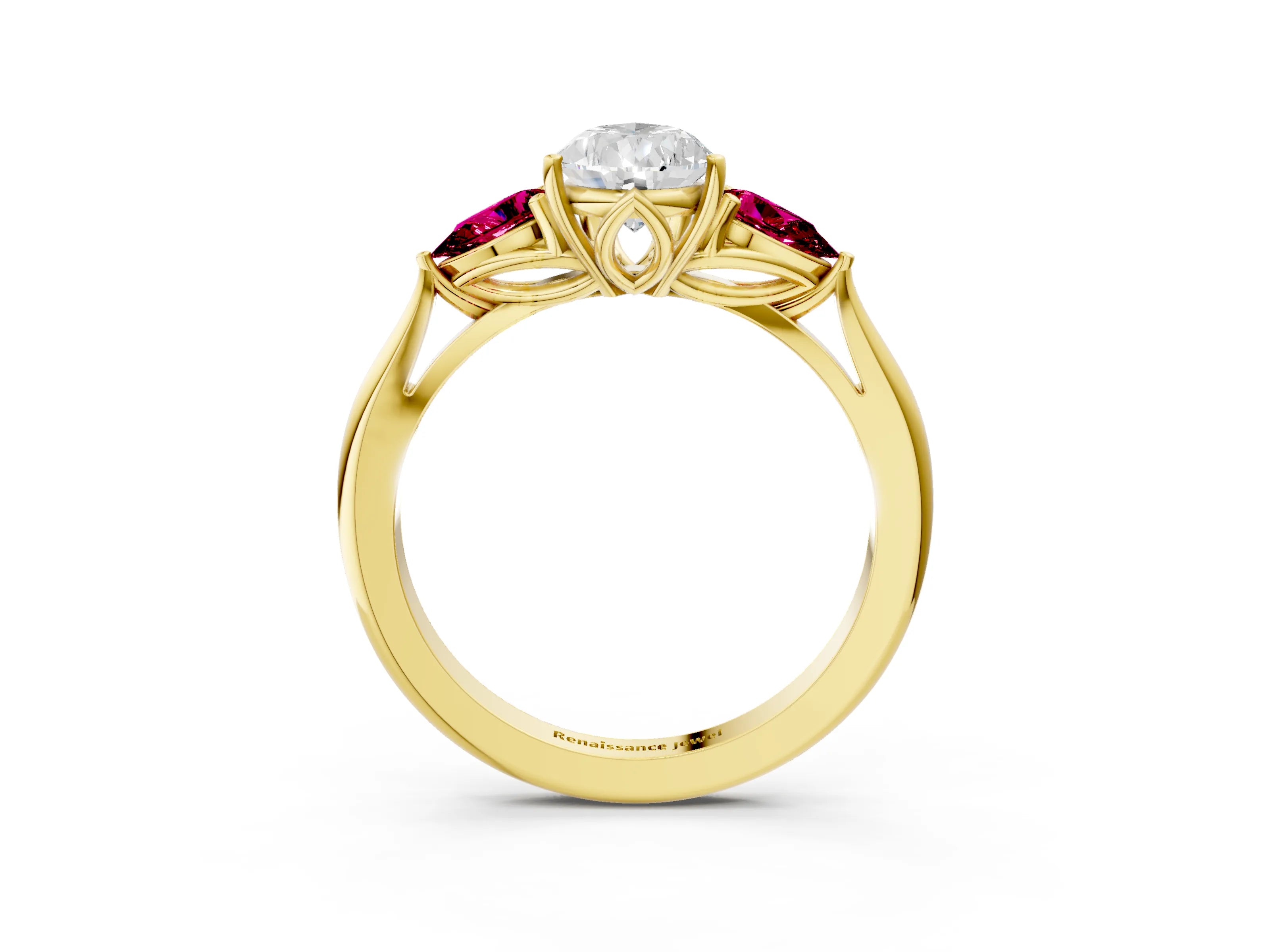 Yellow gold Pear Cut Diamond Three-Stone Ring with Pear with Garnet side stone Side Stones and Prong Setting_3